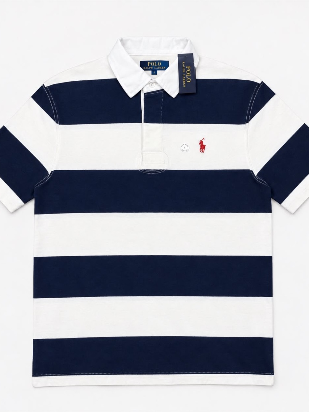 Ralph Lauren White and Navy Wide-Stripe Polo Shirt